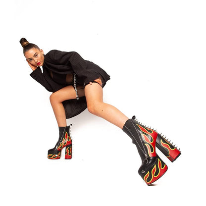 DETOGNI Women's Elastic band High Heels Rivets Ankle Boots Ladies Flames Totem Metal Zipper Thick Heels Punk Booties