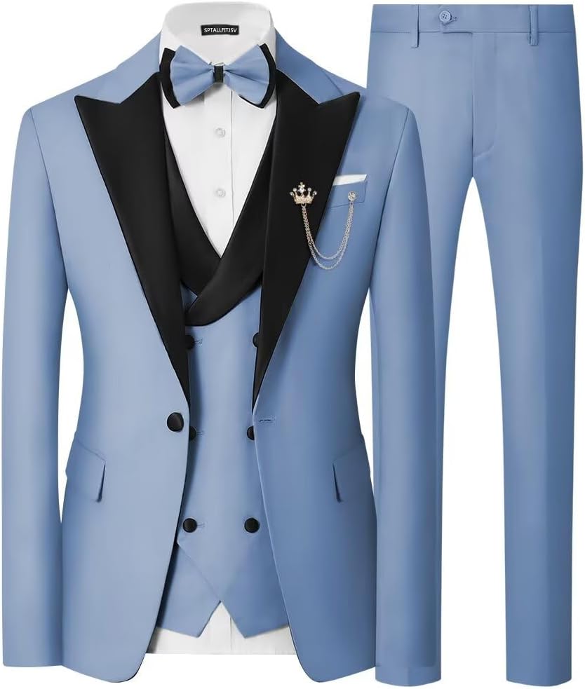 Mens 3 Piece Tuxedo Suit Slim Fit Wedding Prom Dinner Tuxedo for Men Double Breasted Suits Set with Bow Tie