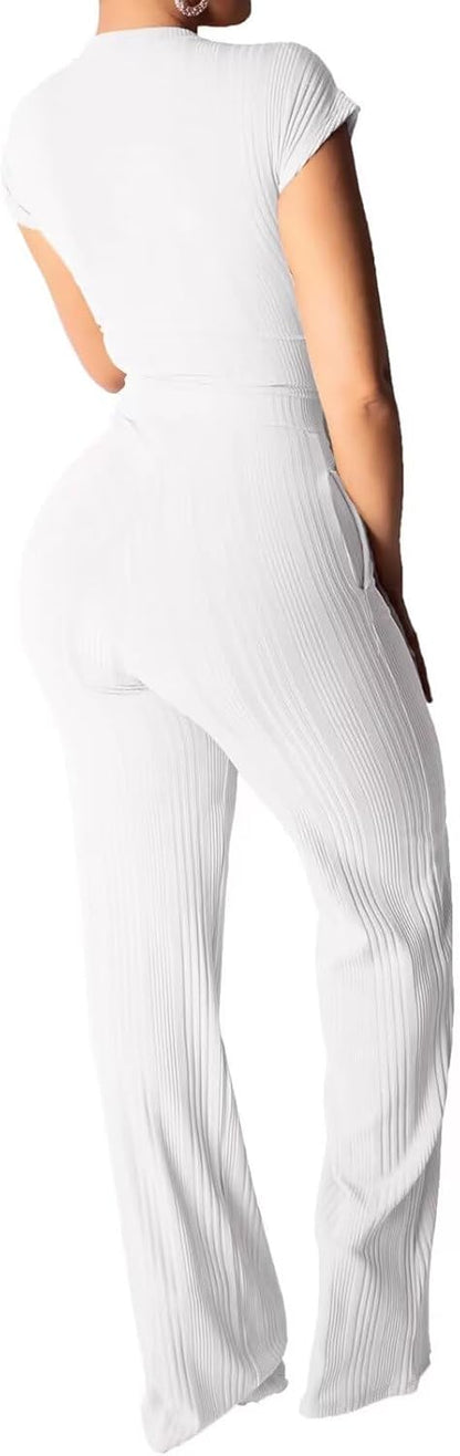 EDITCOZY Women 2 Piece Outfits Sexy Tie Front Crop Top Wide Leg Pants Sets Casual Summer Ribbed Two Piece Set