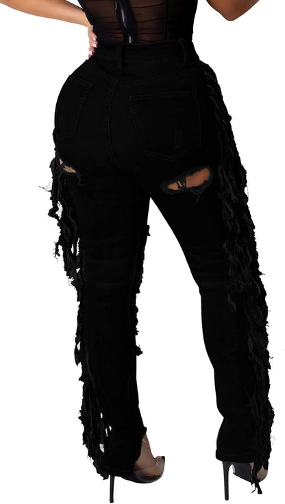 Women's Skinny Ripped Jeans Stretch Destroyed Mid High Waist Denim Pants