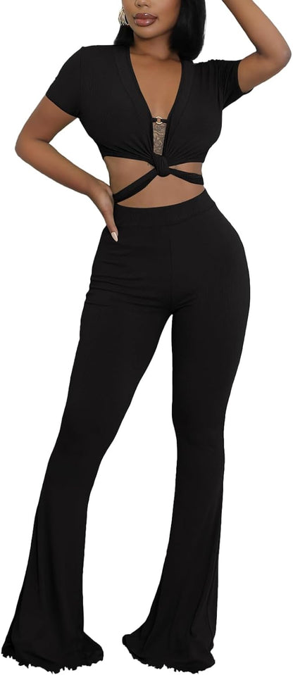 OLUOLIN Two Piece Sets for Women Short Sleeve Sexy V Neck Belted Crop Tops Wide Leg Pants Set Tracksuit