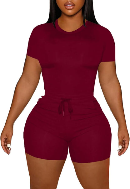 LovelyWholesale Women's Summer 2 Piece Outfits Skinny Shorts Tracksuit Sets