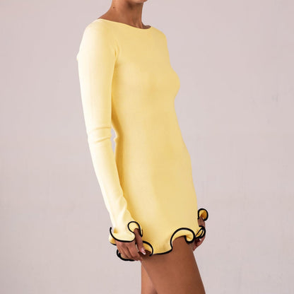 Women Elegant Ruffle Hem Knit Mini Dress Long Sleeve Contrast Color Patchwork Bodycon Short Sweater Dress Fall