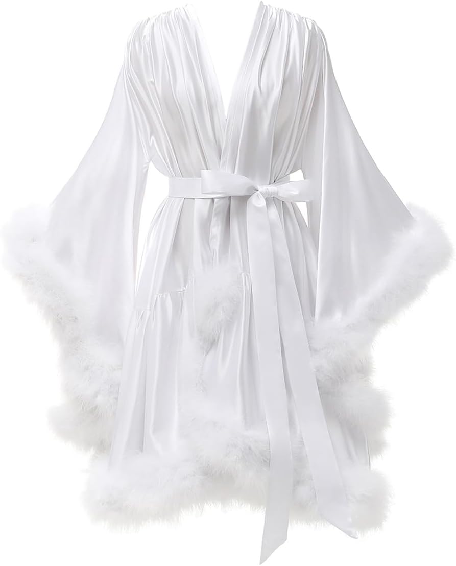 Yexinbridal Feather Fur Robe Silk Satin Bridal Dressing Gown Sexy Illusion Lingerie Nightgown Bathrobe Sleepwear