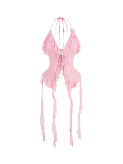 WDIRARA Women's 3D Flower Tie Front Ruffle Trim Halter Top Tie Backless Camisole