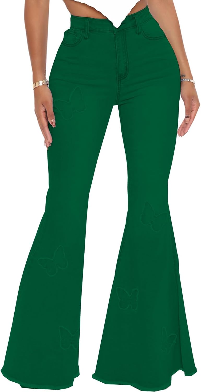 Women's Bell Bottom Jeans Classic Destoryed Ripped Flare Jeans Elastic Waist Raw Hem Denim Pants