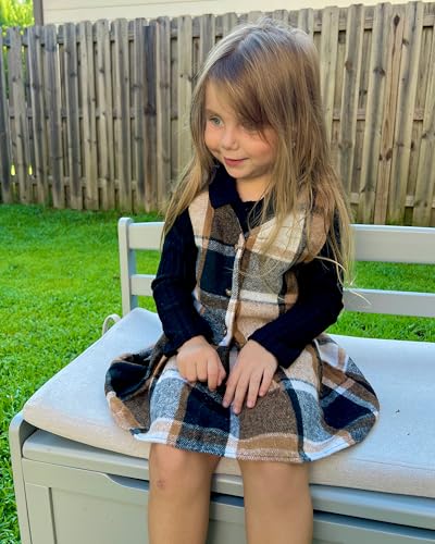 HINTINA Toddler Little Girl Sleeveless Button Vest Ribbed Long Sleeve Collar Top And Pleated Skirt With Belt