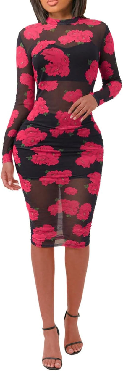 Women Sexy See Through Mesh Long Sleeve Ruched Midi Dresses Crop Top Bodycon Skirt 3 Piece Outfits Set Clubwear