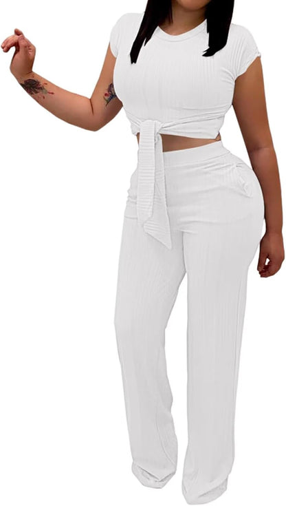 EDITCOZY Women 2 Piece Outfits Sexy Tie Front Crop Top Wide Leg Pants Sets Casual Summer Ribbed Two Piece Set