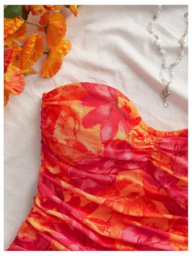 WDIRARA Women's Floral Mesh Tube Top Strapless Ruched Bandeau Summer Vacation Crop Tops