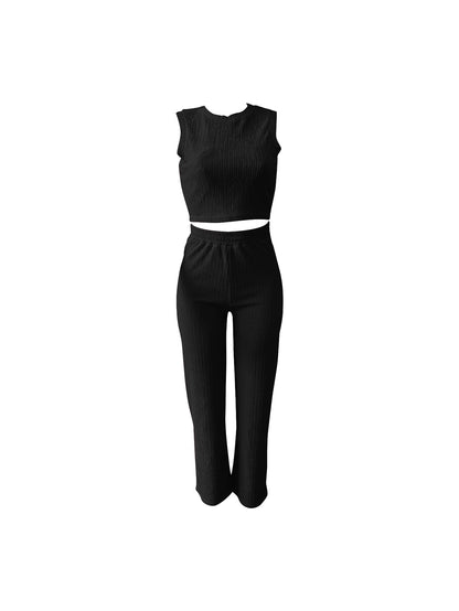 Womens Trendy Ribbed Knit 2 Piece Outfit Sleeveless Crop Top and High Waist Wide Leg Pants Matching Lounge Set
