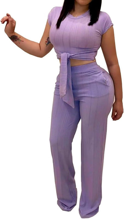 EDITCOZY Women 2 Piece Outfits Sexy Tie Front Crop Top Wide Leg Pants Sets Casual Summer Ribbed Two Piece Set