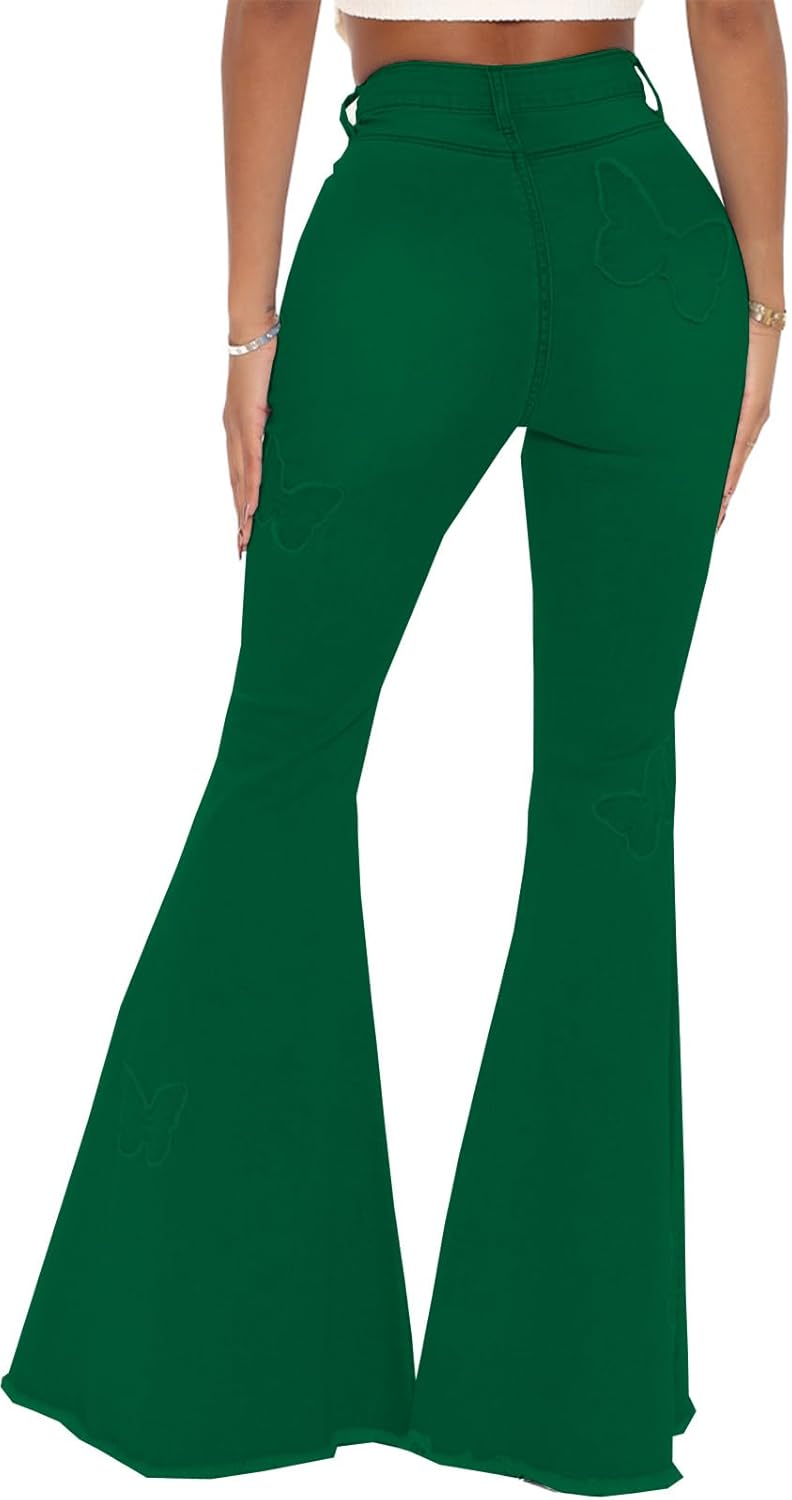 Women's Bell Bottom Jeans Classic Destoryed Ripped Flare Jeans Elastic Waist Raw Hem Denim Pants