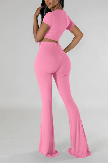 OLUOLIN Two Piece Sets for Women Short Sleeve Sexy V Neck Belted Crop Tops Wide Leg Pants Set Tracksuit