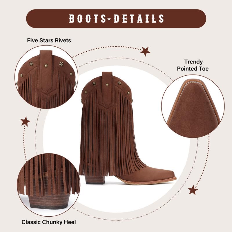 Fringe Cowboy Boots for Women – Mid Calf Cowgirl Boots with Star Studded, Pointed Toe and Chunky Heel, Perfect for Country Music Festivals