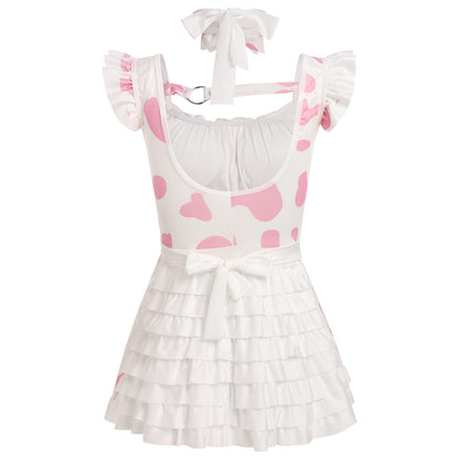 ABAFIP Women's Cute Cosplay Outfits Kawaii Anime Role Play Cow Kitten Ear Headband Stockings Ruffle Mini Dress set