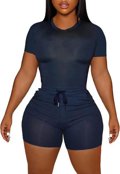 LovelyWholesale Women's Summer 2 Piece Outfits Skinny Shorts Tracksuit Sets