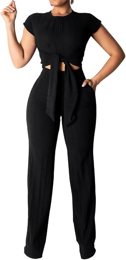 EDITCOZY Women 2 Piece Outfits Sexy Tie Front Crop Top Wide Leg Pants Sets Casual Summer Ribbed Two Piece Set