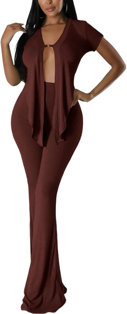 OLUOLIN Two Piece Sets for Women Short Sleeve Sexy V Neck Belted Crop Tops Wide Leg Pants Set Tracksuit