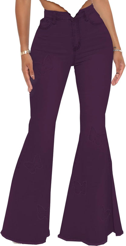 Women's Bell Bottom Jeans Classic Destoryed Ripped Flare Jeans Elastic Waist Raw Hem Denim Pants