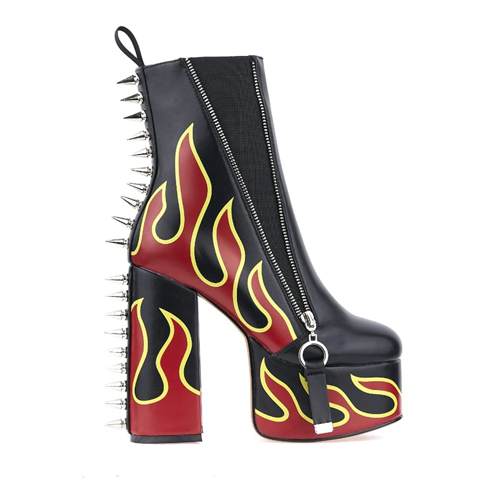 DETOGNI Women's Elastic band High Heels Rivets Ankle Boots Ladies Flames Totem Metal Zipper Thick Heels Punk Booties