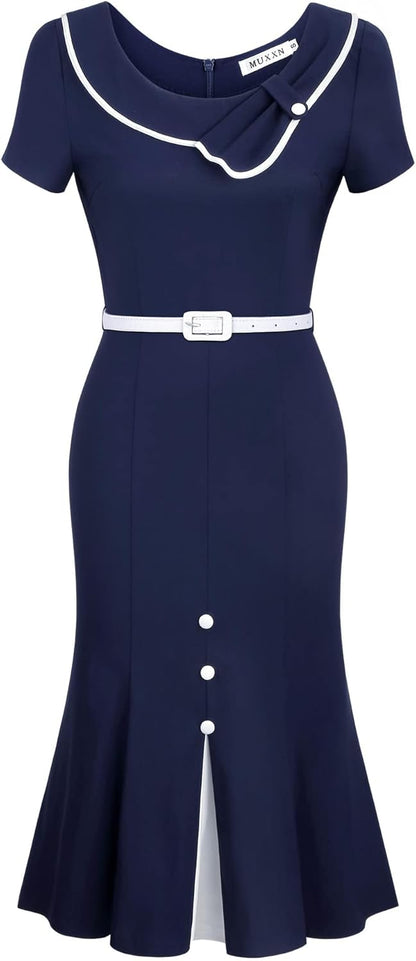 MUXXN Women's Retro 60s Sailor Collar Short Sleeve Pinup Cocktail Work Mermaid Dress with Belt