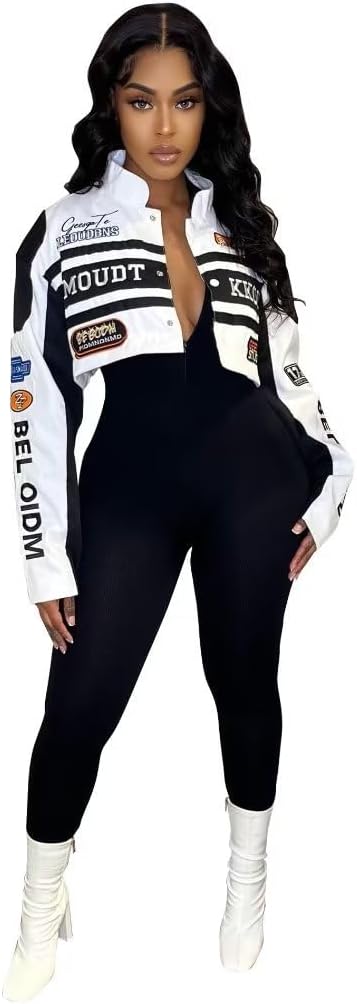 Kafiloe Women Racer Biker Jacket Windbreaker Lightweight Detachable Motorcycle Varsity Jacket Coat Street Wear