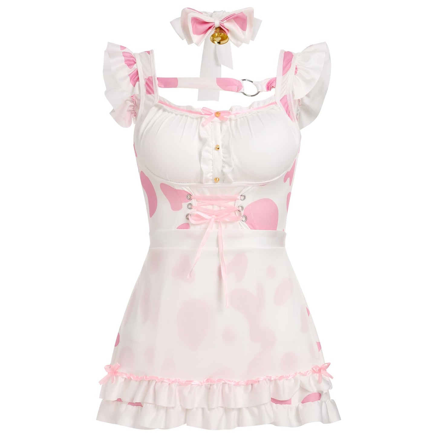 ABAFIP Women's Cute Cosplay Outfits Kawaii Anime Role Play Cow Kitten Ear Headband Stockings Ruffle Mini Dress set