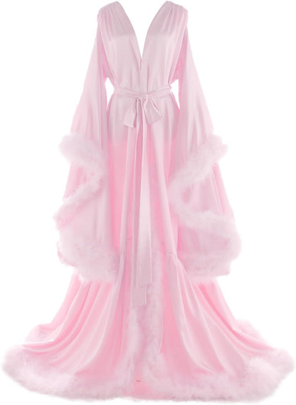 Women's Feather Bridal Robes Old Hollywood Maternity Photoshoot Nightgown Silk Bathrobe Long Lingerie