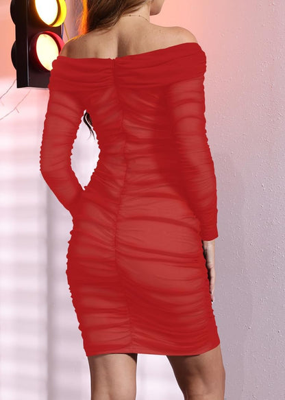 MOEENCN Mesh Long Sleeve Ruched Dress Sexy Off Shoulder Bodycon Women Knee Length Party Date Night Outfits