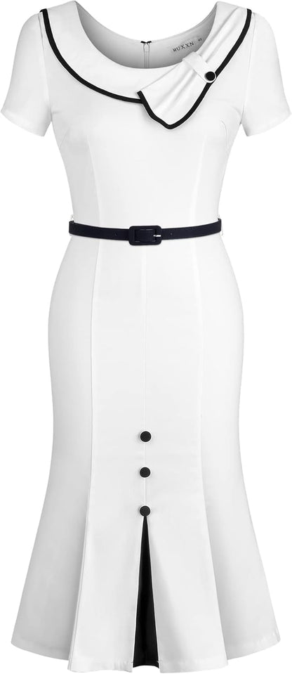MUXXN Women's Retro 60s Sailor Collar Short Sleeve Pinup Cocktail Work Mermaid Dress with Belt