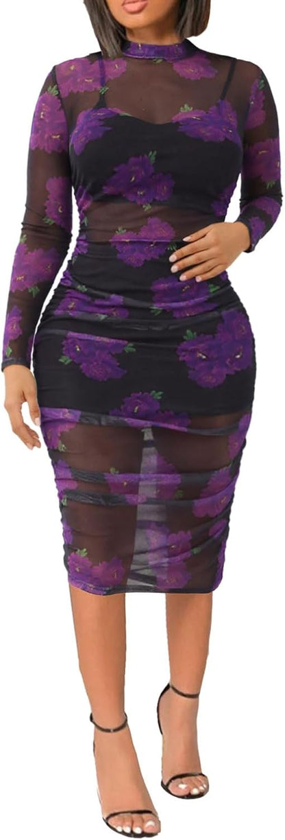 Women Sexy See Through Mesh Long Sleeve Ruched Midi Dresses Crop Top Bodycon Skirt 3 Piece Outfits Set Clubwear