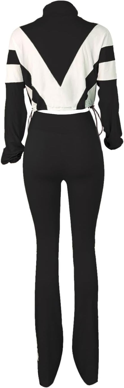 Women 2 Piece Outfit Long Sleeve Zip Up Crop Jacket High Waist Stretchy Pants