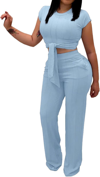 EDITCOZY Women 2 Piece Outfits Sexy Tie Front Crop Top Wide Leg Pants Sets Casual Summer Ribbed Two Piece Set