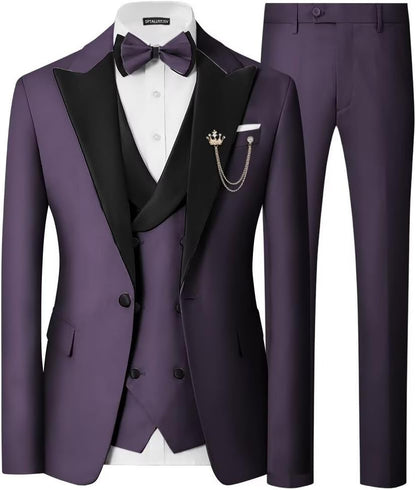 Mens 3 Piece Tuxedo Suit Slim Fit Wedding Prom Dinner Tuxedo for Men Double Breasted Suits Set with Bow Tie