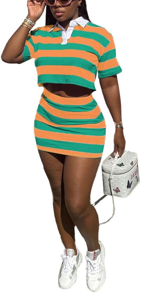 HBQ Women's Casual Two Piece Skirt Sets Polo Collar Crop Top Striped Mini Dress Summer Vacation-Stripe