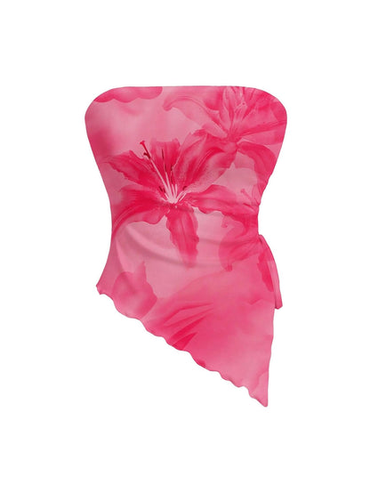 WDIRARA Women's Floral Mesh Strapless Side Ruched Tube Top Asymmetrical Hem Bandeau Crop Tops