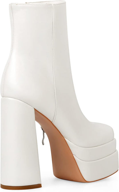 ANN CREEK Women's Double Platform Ankle Boots Chunky Heel Booties Side Zipper Square Toe High Heel Casual Boots