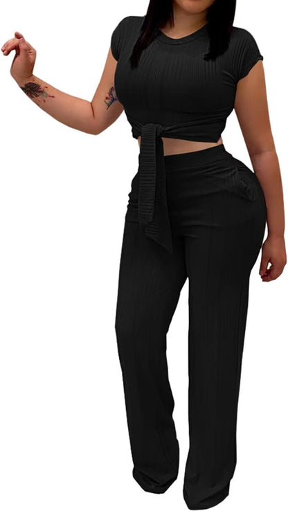EDITCOZY Women 2 Piece Outfits Sexy Tie Front Crop Top Wide Leg Pants Sets Casual Summer Ribbed Two Piece Set