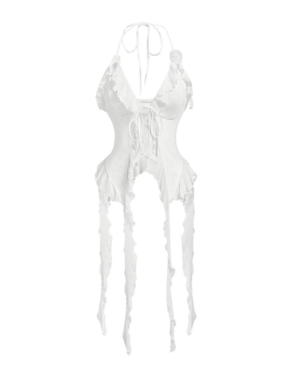 WDIRARA Women's 3D Flower Tie Front Ruffle Trim Halter Top Tie Backless Camisole