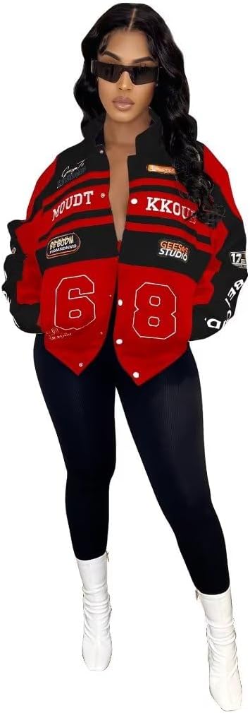 Kafiloe Women Racer Biker Jacket Windbreaker Lightweight Detachable Motorcycle Varsity Jacket Coat Street Wear