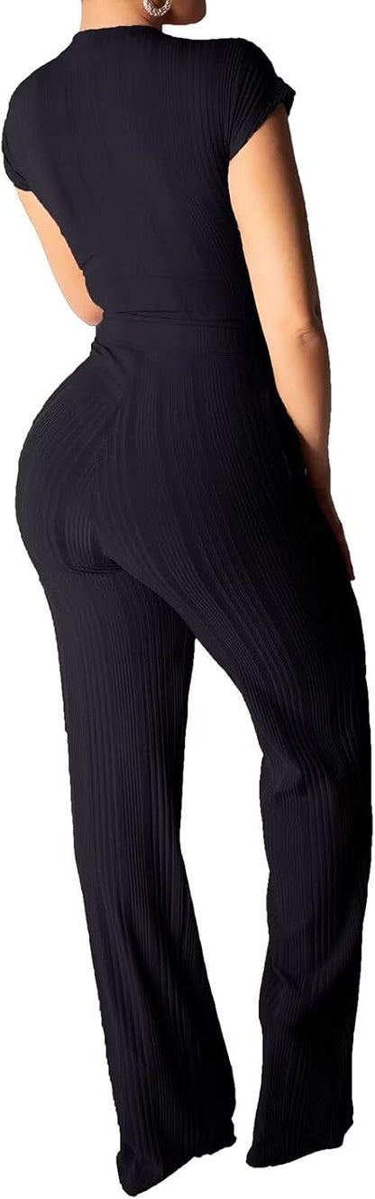 EDITCOZY Women 2 Piece Outfits Sexy Tie Front Crop Top Wide Leg Pants Sets Casual Summer Ribbed Two Piece Set