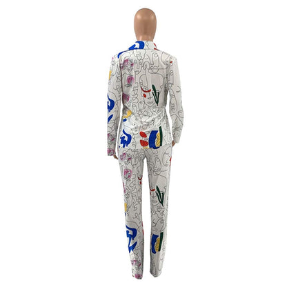 Womens Sexy 2 Pieces Graffiti Print Blazer Suit Pants Set Nightclub Tracksuit Outfit Set