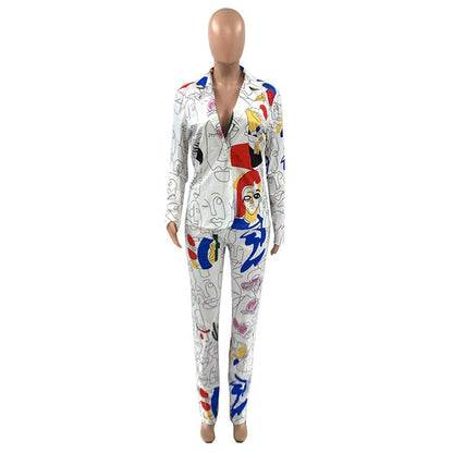 Womens Sexy 2 Pieces Graffiti Print Blazer Suit Pants Set Nightclub Tracksuit Outfit Set