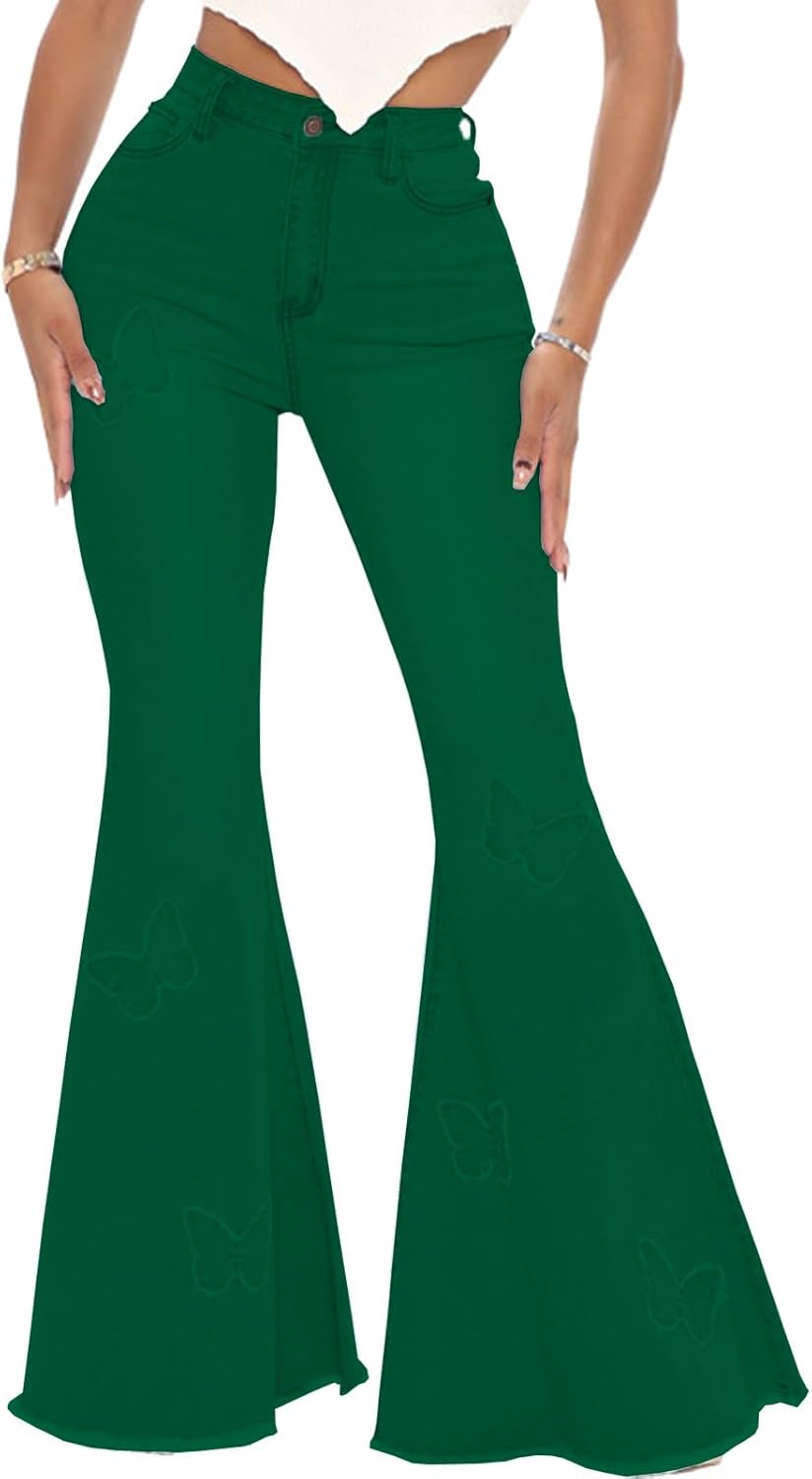 Women's Bell Bottom Jeans Classic Destoryed Ripped Flare Jeans Elastic Waist Raw Hem Denim Pants