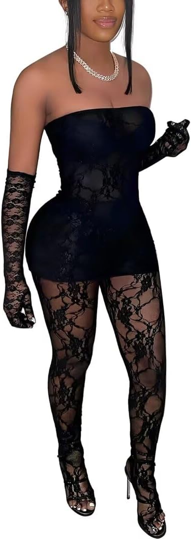 Kafiloe Sexy 3 Piece Outfits for Women Clubwear Lace Tube Mini Dress Top with Stockings Set Birthday Outfits