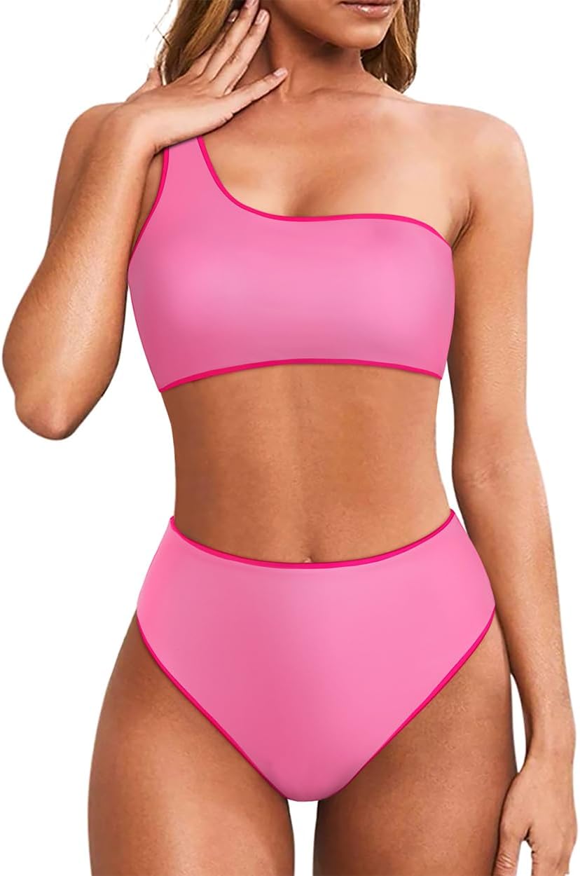 MOOSLOVER Women One Shoulder High Waisted Bikini Tie High Cut Two Piece Swimsuits