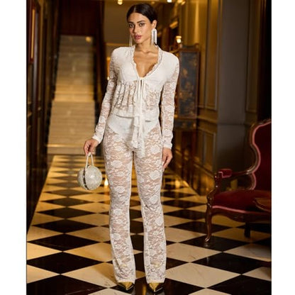 acelyn 2 Piece Lace Outfits For Women Floral Sheer Tie Frone Long Sleeve Crop Top and Flared Pants Y2K Club Outfit