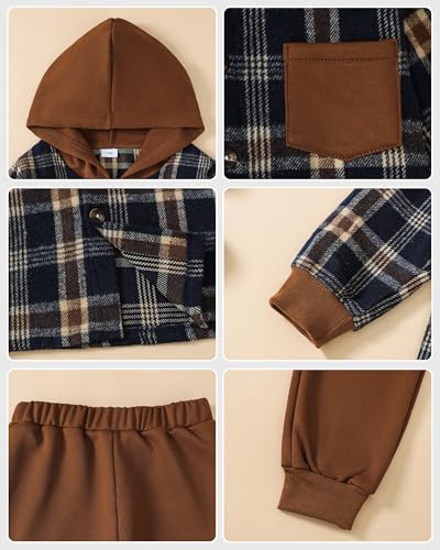 Boys Clothes Fall Winter Outfits, Toddler Boy Sweatsuit Plaid Hoodie Pants Clothing Set For Kids Boys Size 5-12 Years