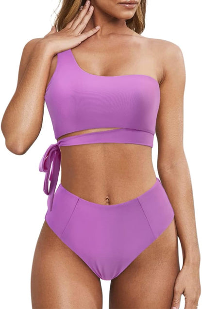 MOOSLOVER Women One Shoulder High Waisted Bikini Tie High Cut Two Piece Swimsuits